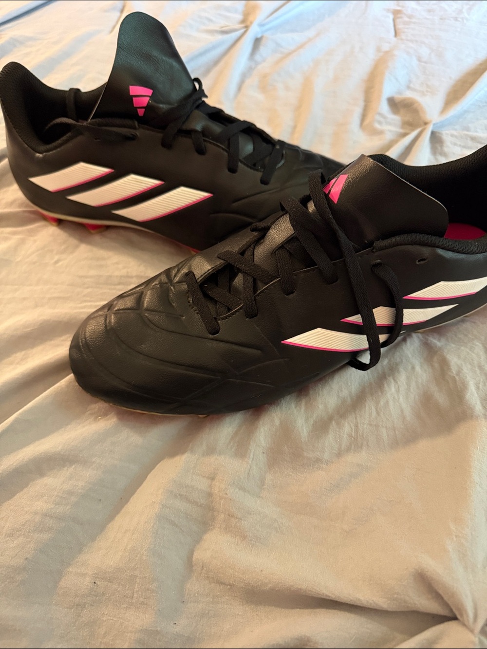adidas Copa Black Soccer Cleats with White Stripes and Pink Accents